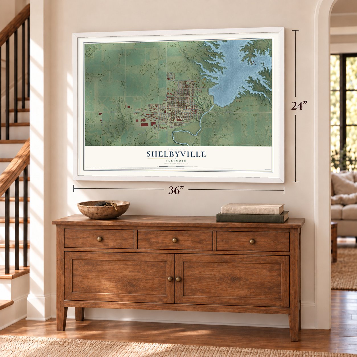 Shelbyville, Illinois map, 24 x 36 inch print in a white frame above a dresser by a staircase