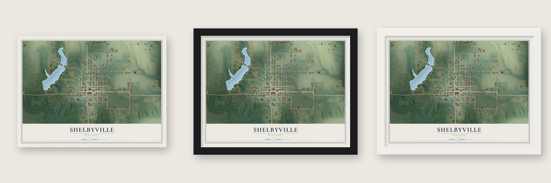 Shelbyville, Missouri map unframed, in a black wood frame and in a white wood frame