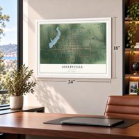 Shelbyville, Missouri map, 18 x 24 inch print in a white frame in a home office