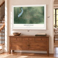 Shelbyville, Missouri map, 24 x 36 inch print in a white frame above a dresser by a staircase