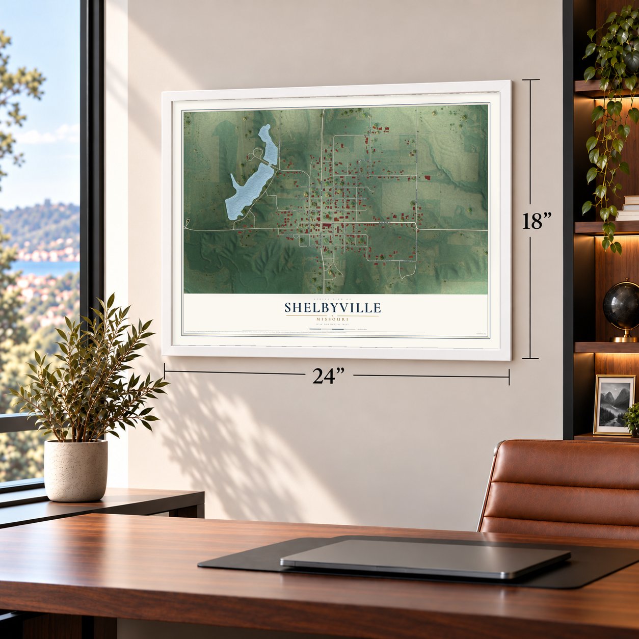 Shelbyville, Missouri map, 18 x 24 inch print in a white frame in a home office