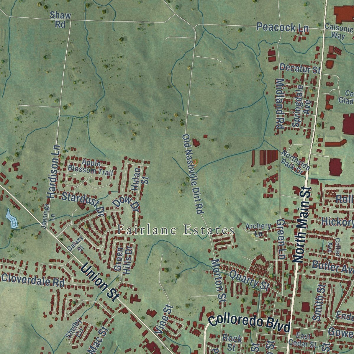 Second close-up of the map of Shelbyville, Tennessee print showing more streets and buildings