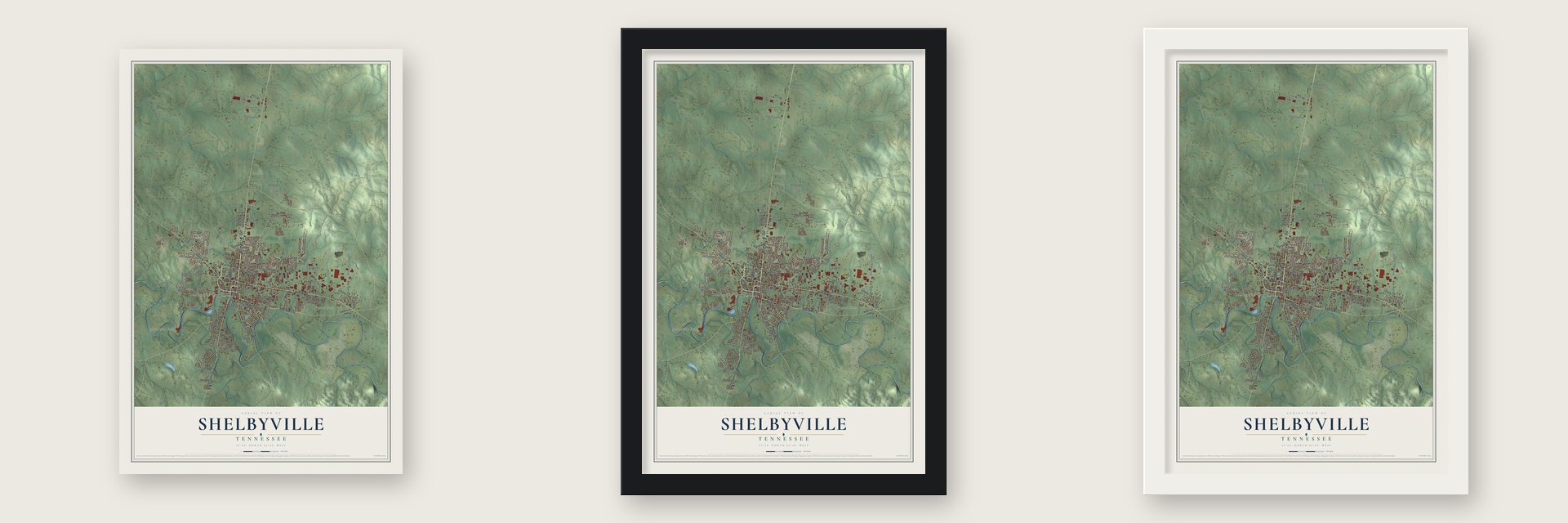 Shelbyville, Tennessee map unframed, in a black wood frame and in a white wood frame