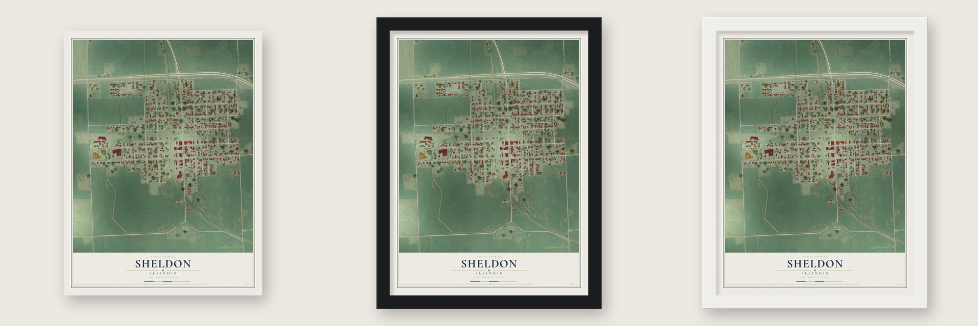 Sheldon, Illinois map unframed, in a black wood frame and in a white wood frame