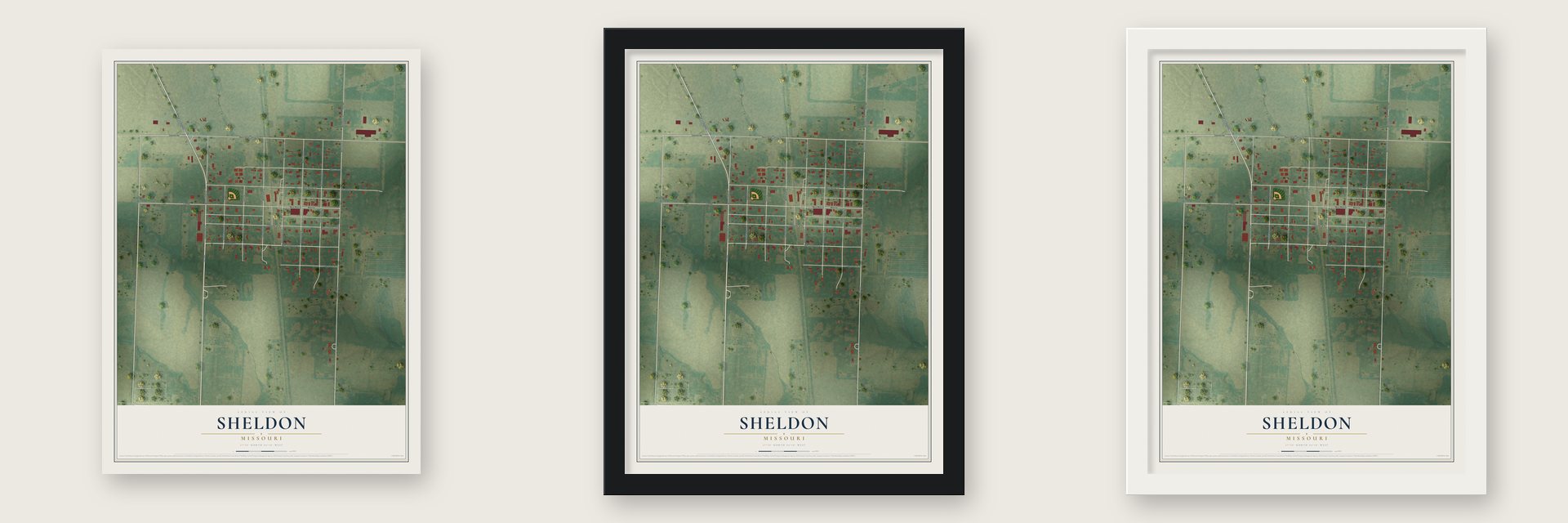 Sheldon, Missouri map unframed, in a black wood frame and in a white wood frame