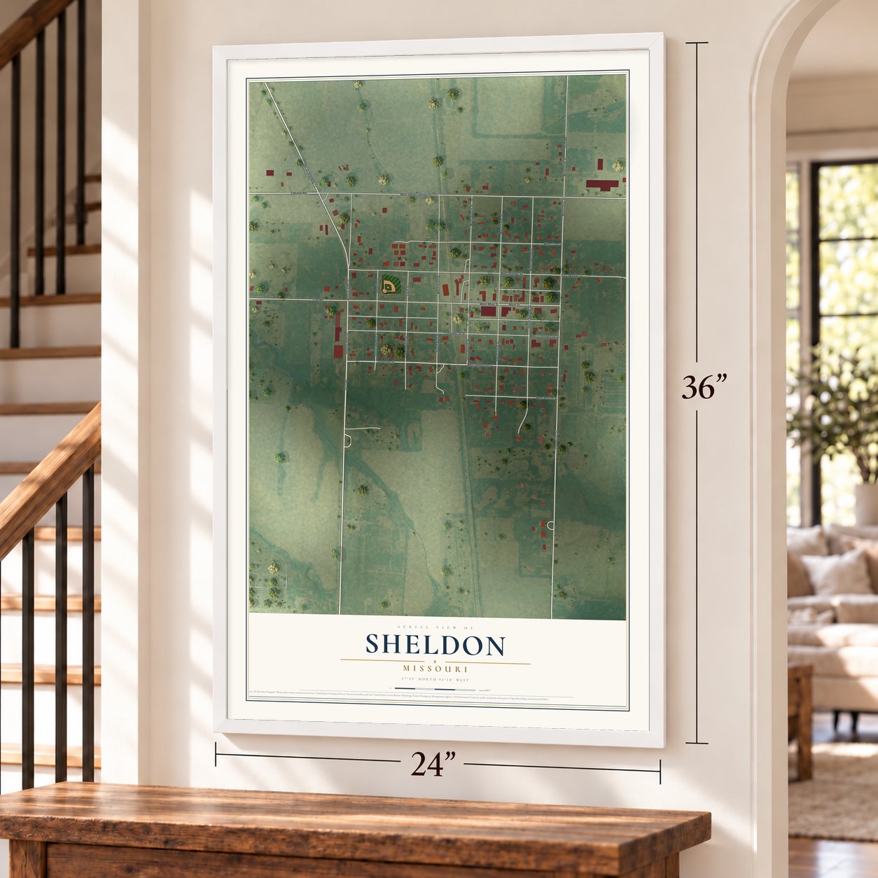 Sheldon, Missouri map, 24 x 36 inch print in a white frame by a staircase