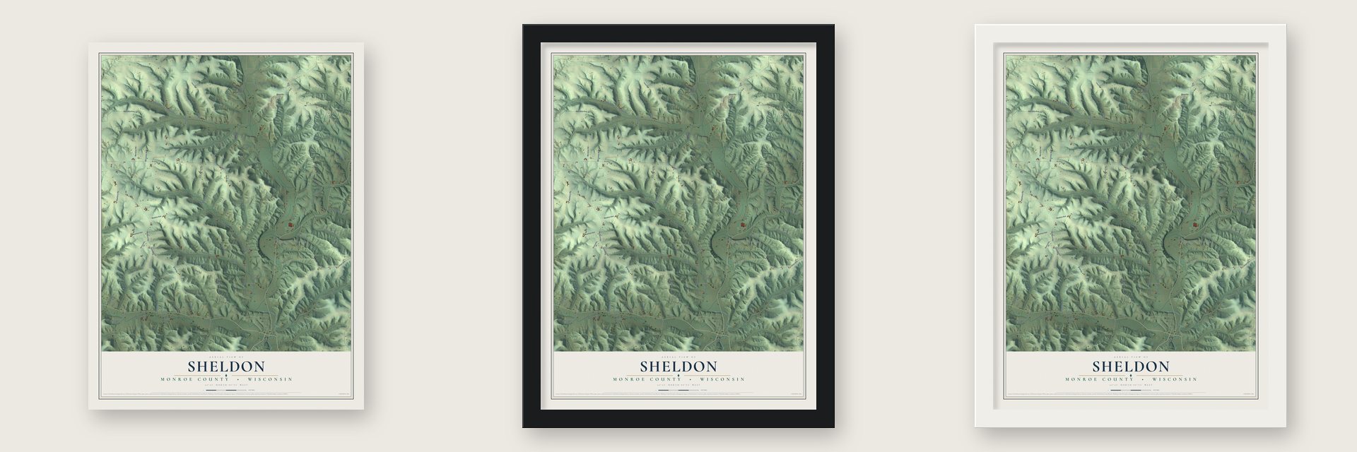 Sheldon, Monroe County, Wisconsin map unframed, in a black wood frame and in a white wood frame