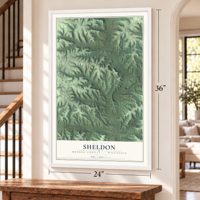 Sheldon, Monroe County, Wisconsin map, 24 x 36 inch print in a white frame by a staircase