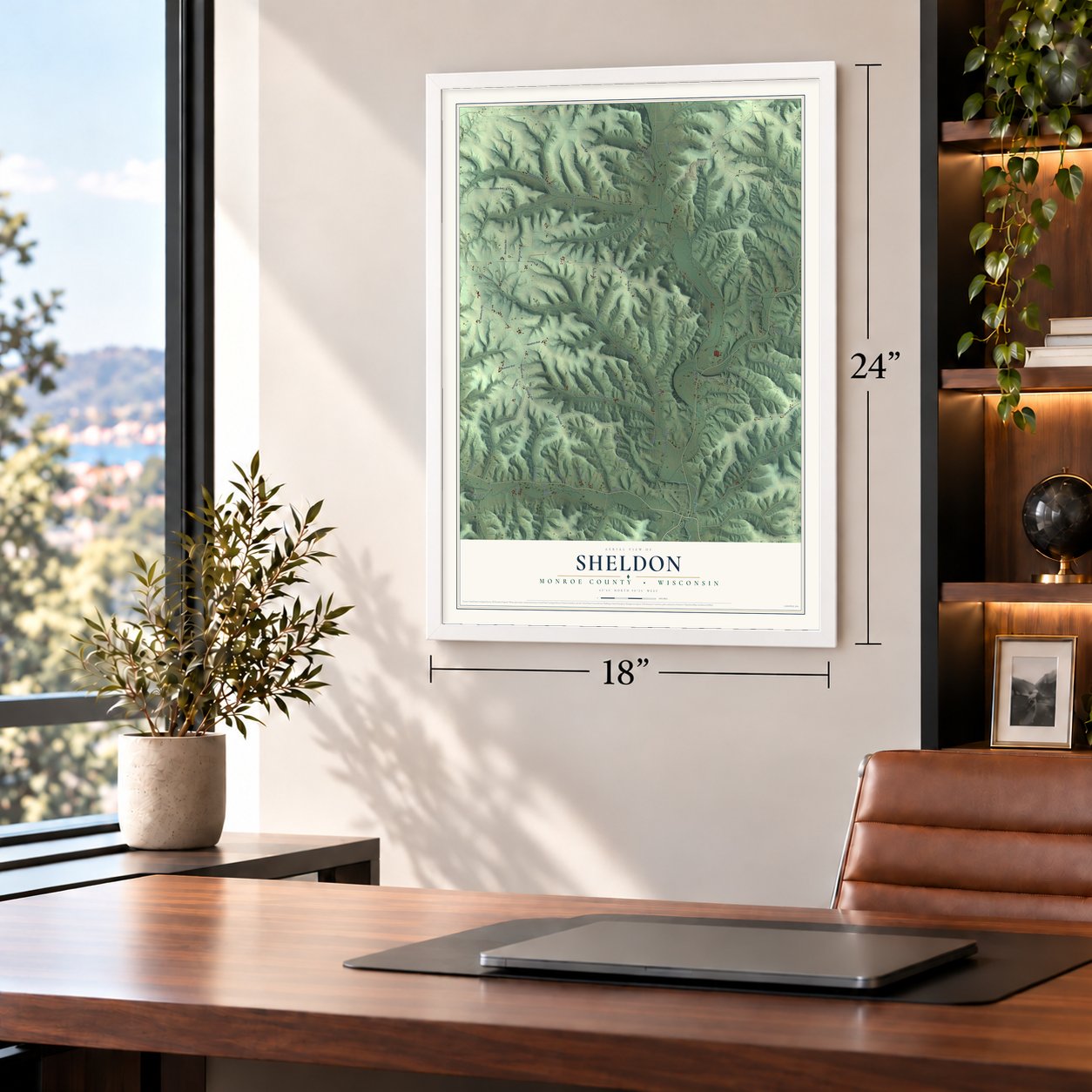Sheldon, Monroe County, Wisconsin map, 18 x 24 inch print in a white frame in a home office