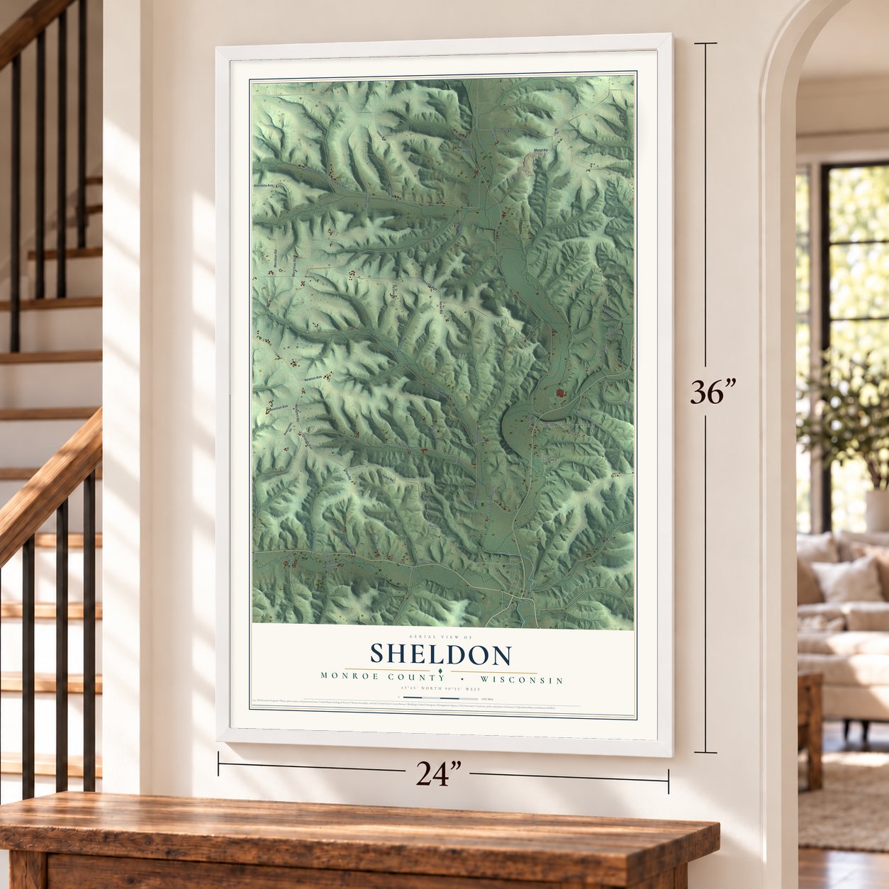 Sheldon, Monroe County, Wisconsin map, 24 x 36 inch print in a white frame by a staircase