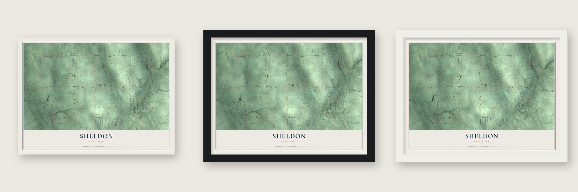 Sheldon, New York map unframed, in a black wood frame and in a white wood frame