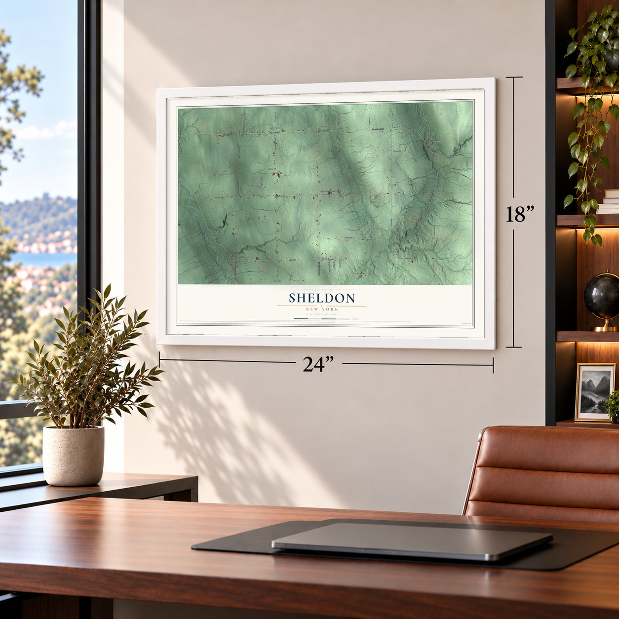 Sheldon, New York map, 18 x 24 inch print in a white frame in a home office