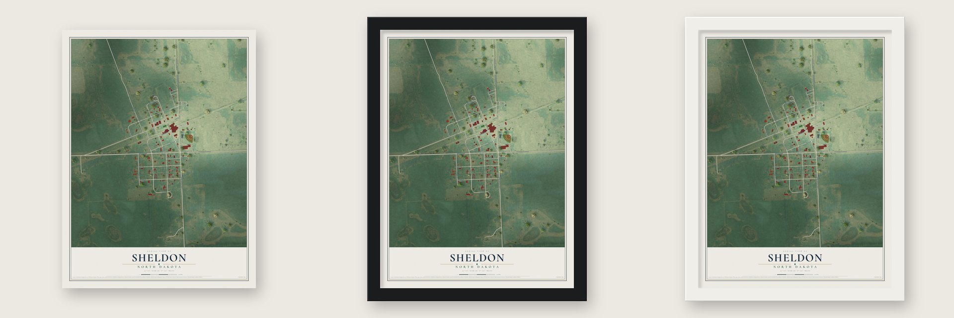 Sheldon, North Dakota map unframed, in a black wood frame and in a white wood frame