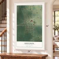 Sheldon, North Dakota map, 24 x 36 inch print in a white frame by a staircase