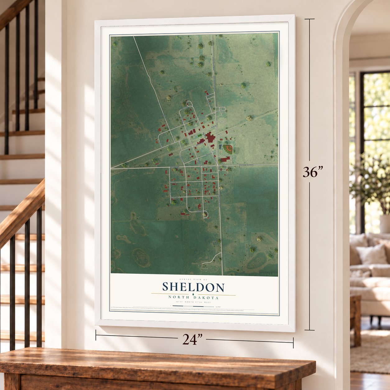 Sheldon, North Dakota map, 24 x 36 inch print in a white frame by a staircase