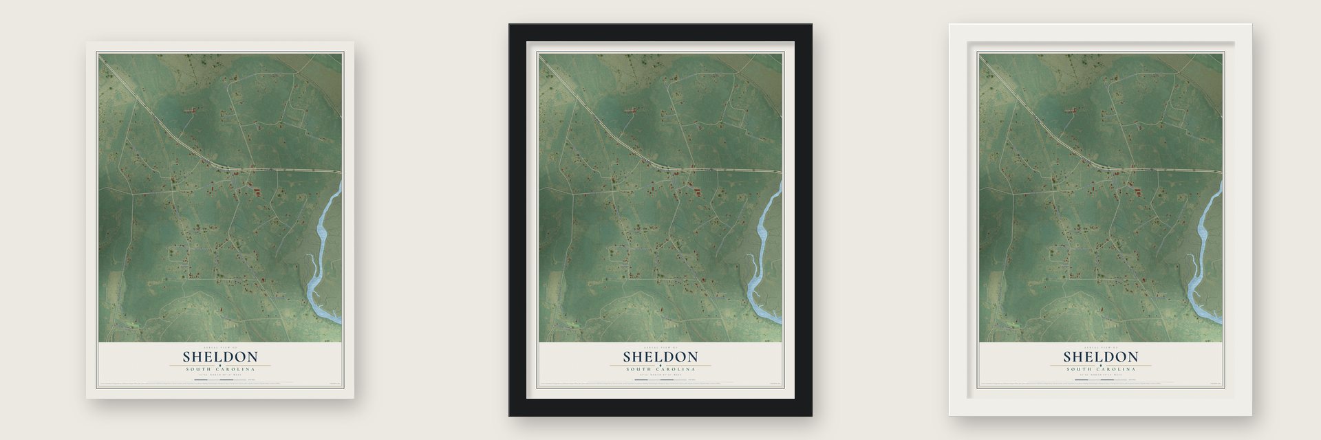 Sheldon, South Carolina map unframed, in a black wood frame and in a white wood frame