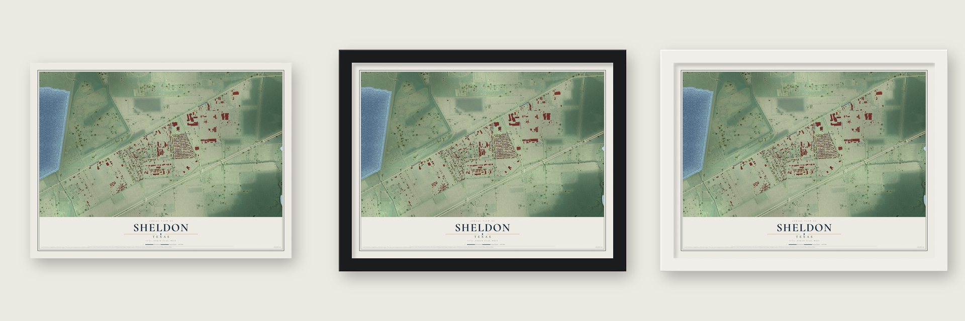 Sheldon, Texas map unframed, in a black wood frame and in a white wood frame