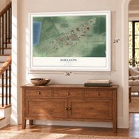 Sheldon, Texas map, 24 x 36 inch print in a white frame above a dresser by a staircase