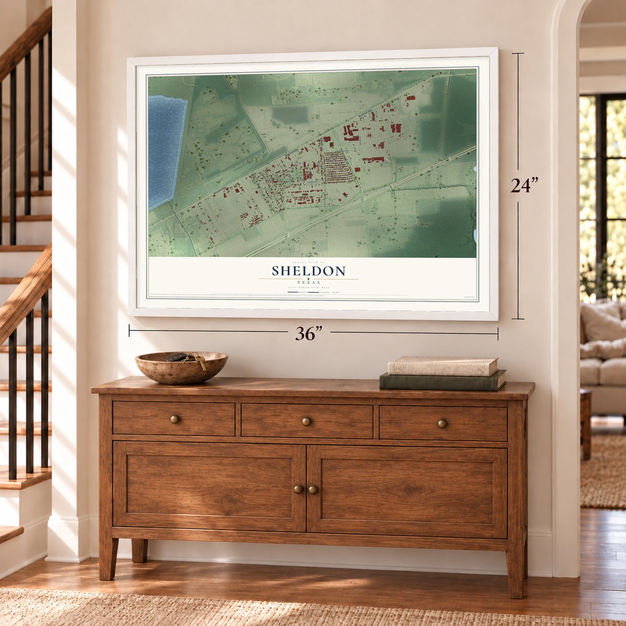 Sheldon, Texas map, 24 x 36 inch print in a white frame above a dresser by a staircase