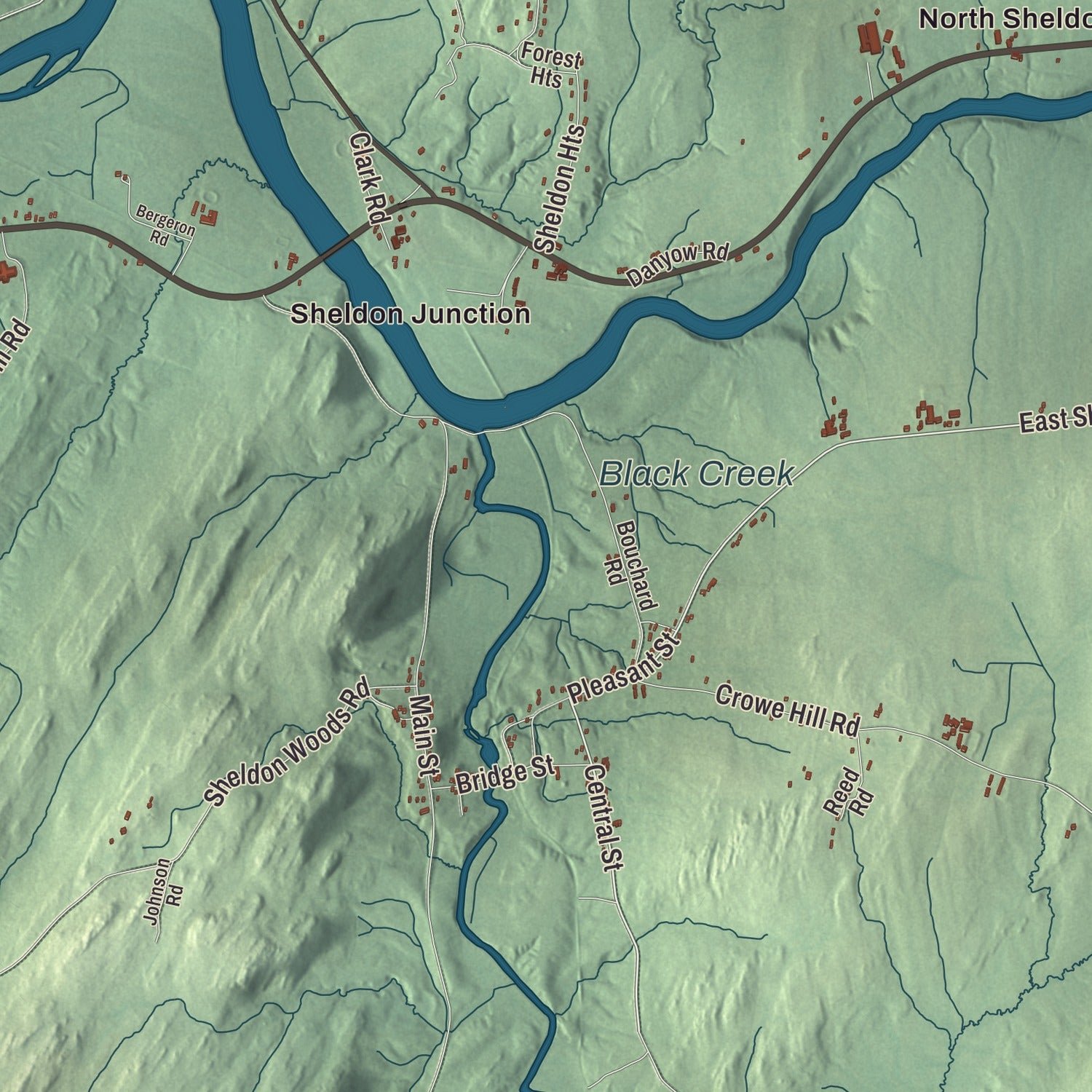 Close-up of the map of Sheldon, Vermont print showing terrain and local geography