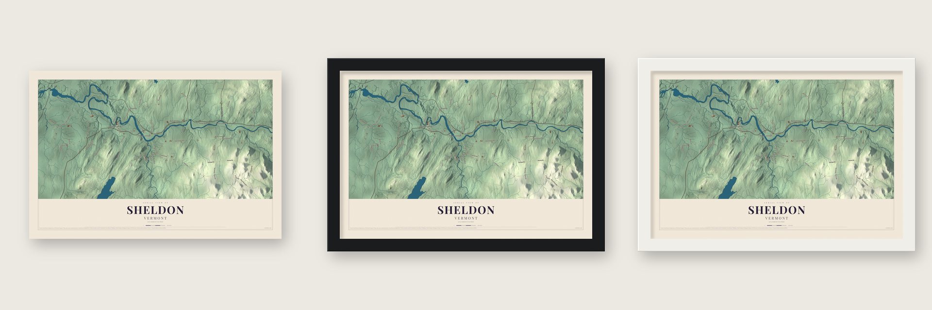 Sheldon, Vermont map unframed, in a black wood frame and in a white wood frame