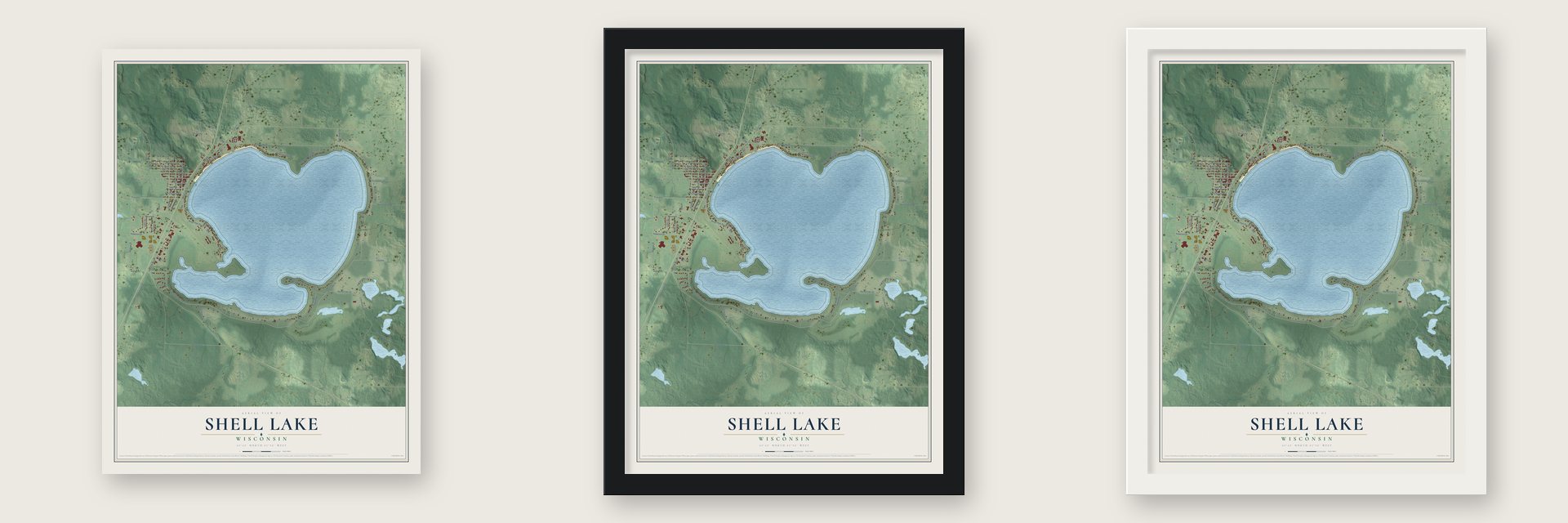 Shell Lake, Wisconsin map unframed, in a black wood frame and in a white wood frame