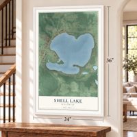 Shell Lake, Wisconsin map, 24 x 36 inch print in a white frame by a staircase