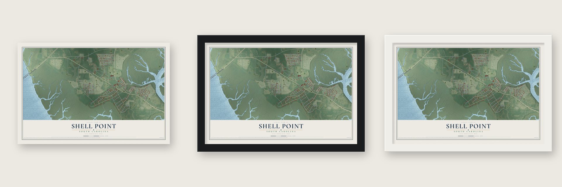Shell Point, South Carolina map unframed, in a black wood frame and in a white wood frame