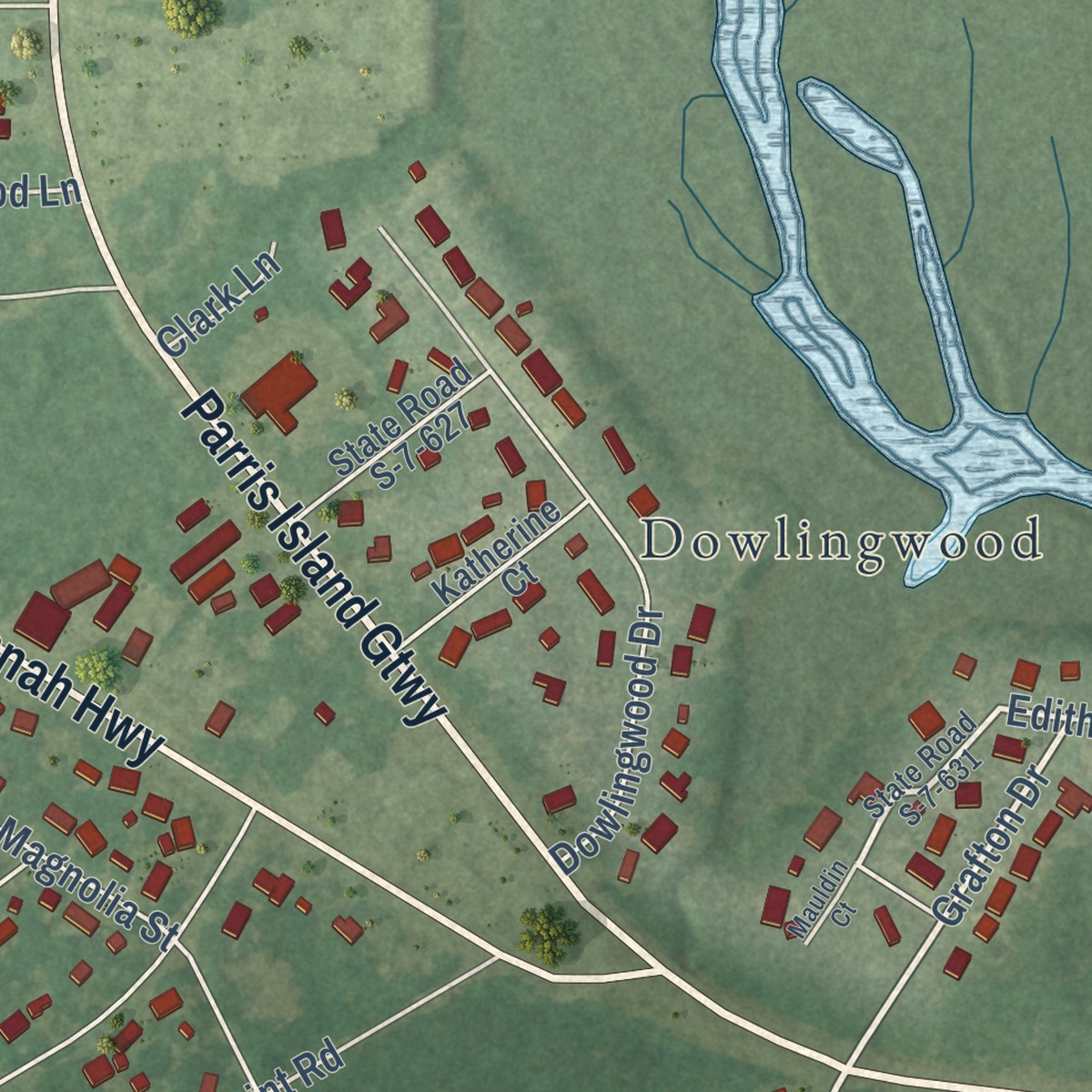 Second close-up of the map of Shell Point, South Carolina print showing more streets and buildings
