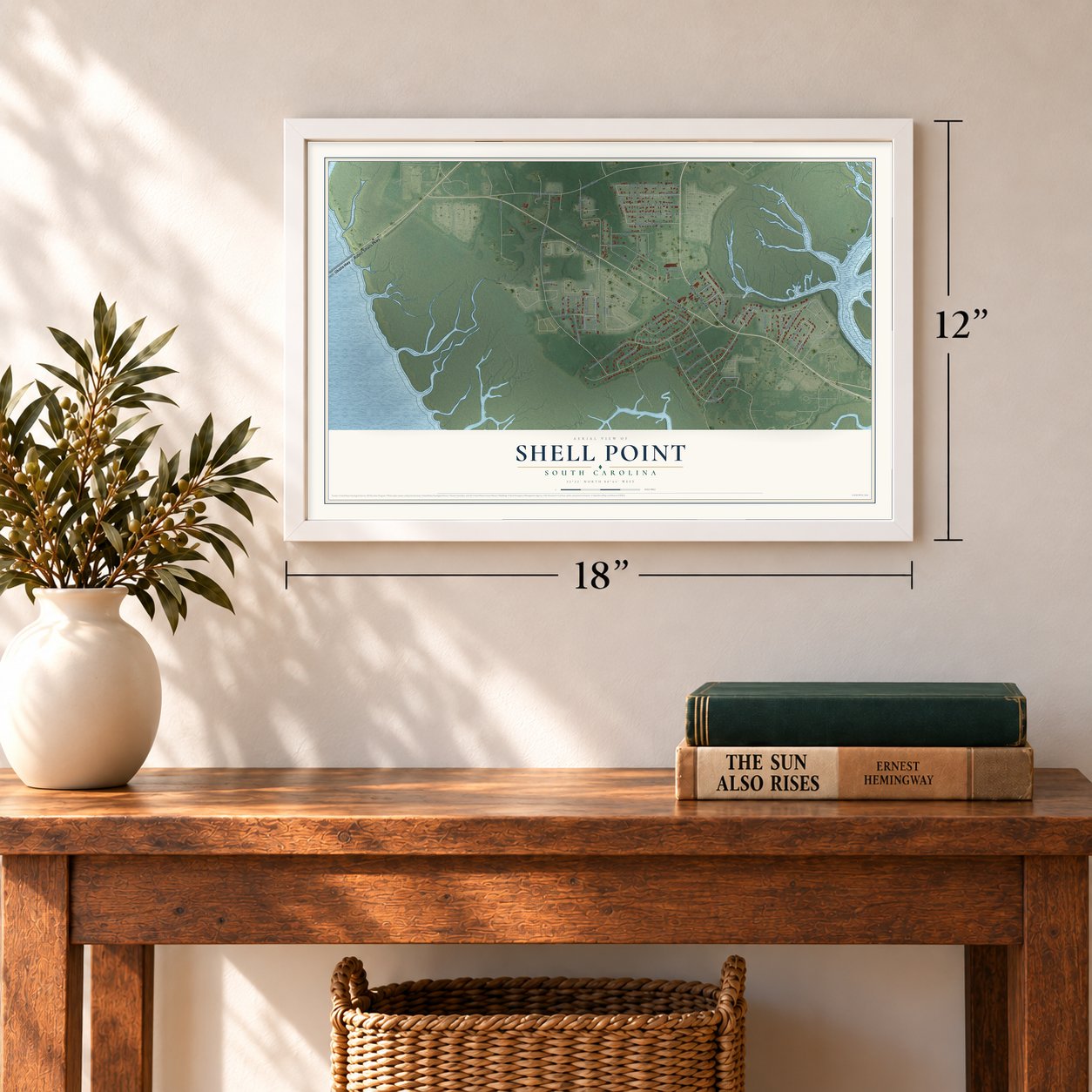 Shell Point, South Carolina map, 12 x 18 inch print in a white frame in an entryway