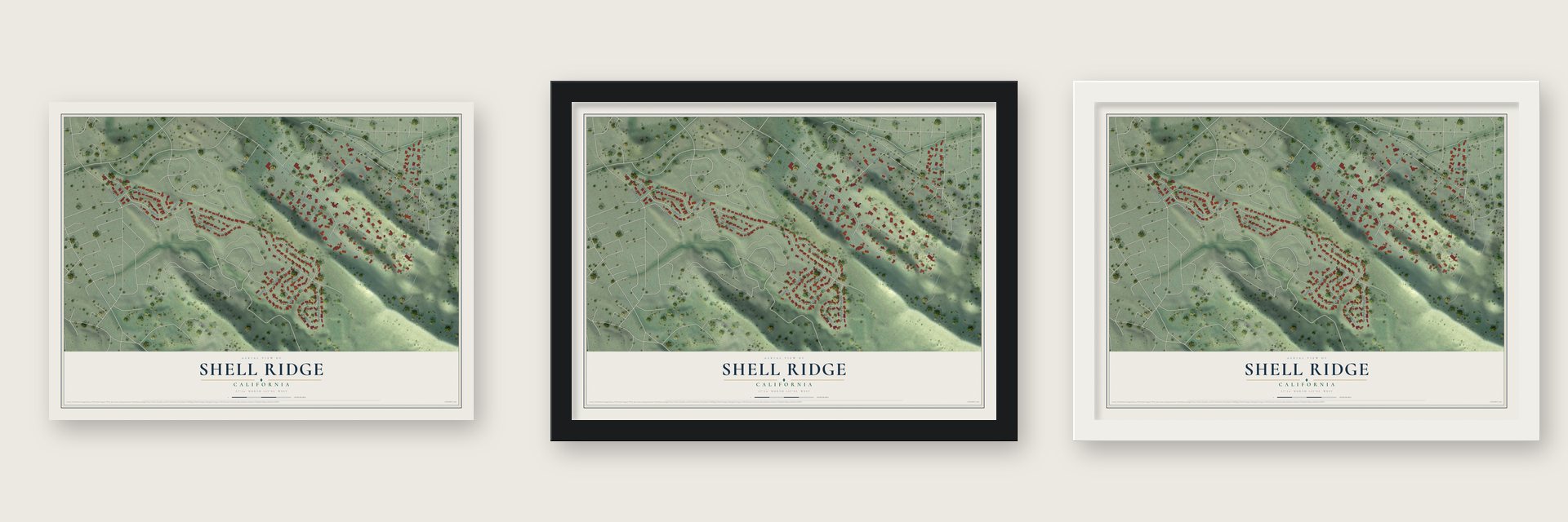 Shell Ridge, California map unframed, in a black wood frame and in a white wood frame