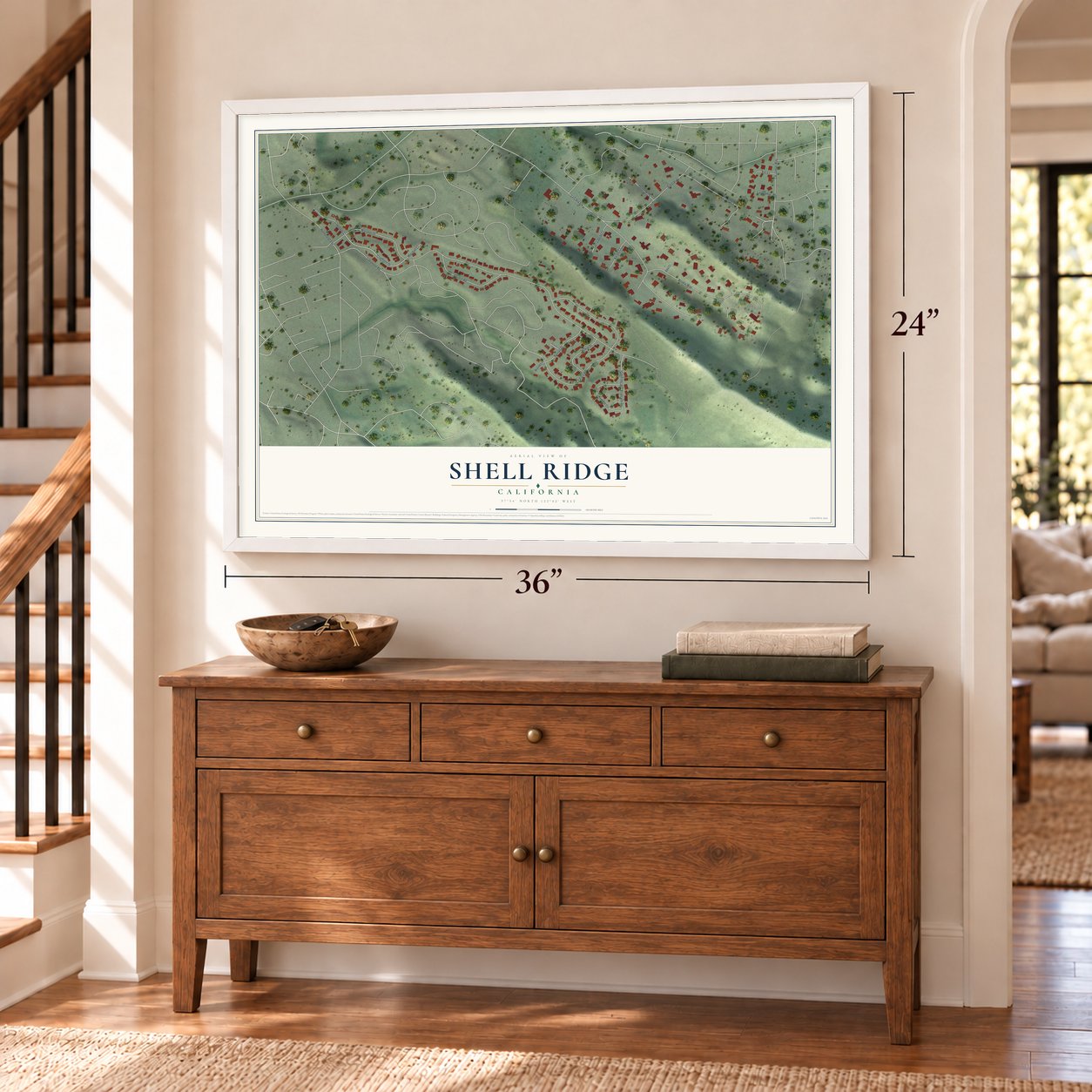 Shell Ridge, California map, 24 x 36 inch print in a white frame above a dresser by a staircase