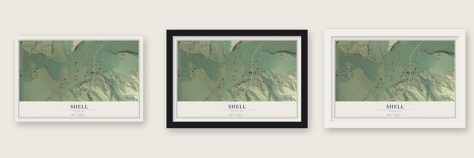 Shell, Wyoming map unframed, in a black wood frame and in a white wood frame