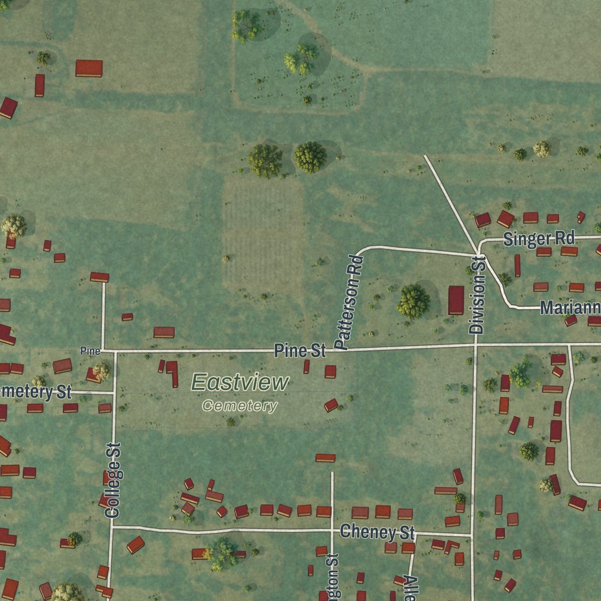 Second close-up of the map of Shellman, Georgia print showing more streets and buildings