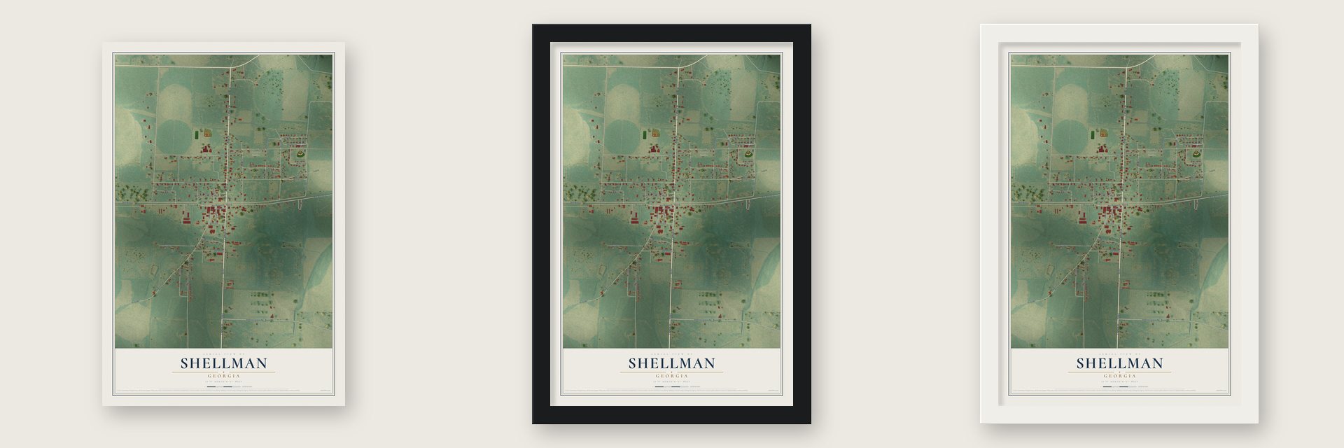 Shellman, Georgia map unframed, in a black wood frame and in a white wood frame