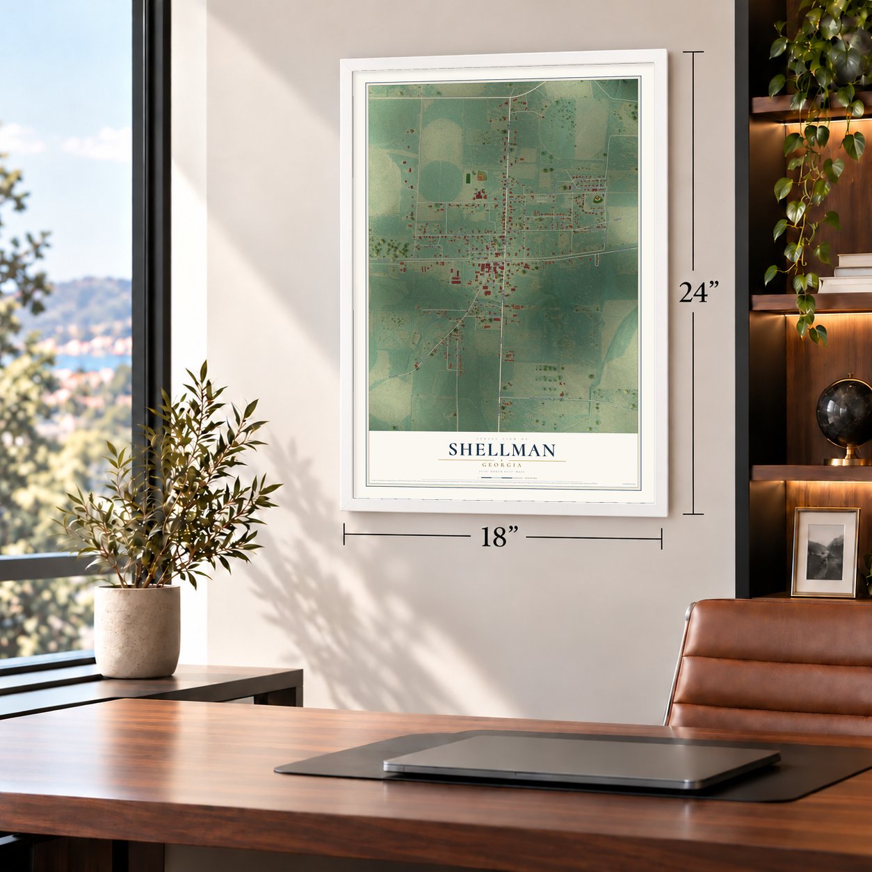 Shellman, Georgia map, 18 x 24 inch print in a white frame in a home office