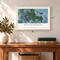 Shelter Island Heights, New York map, 12 x 18 inch print in a white frame in an entryway