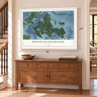 Shelter Island Heights, New York map, 24 x 36 inch print in a white frame above a dresser by a staircase