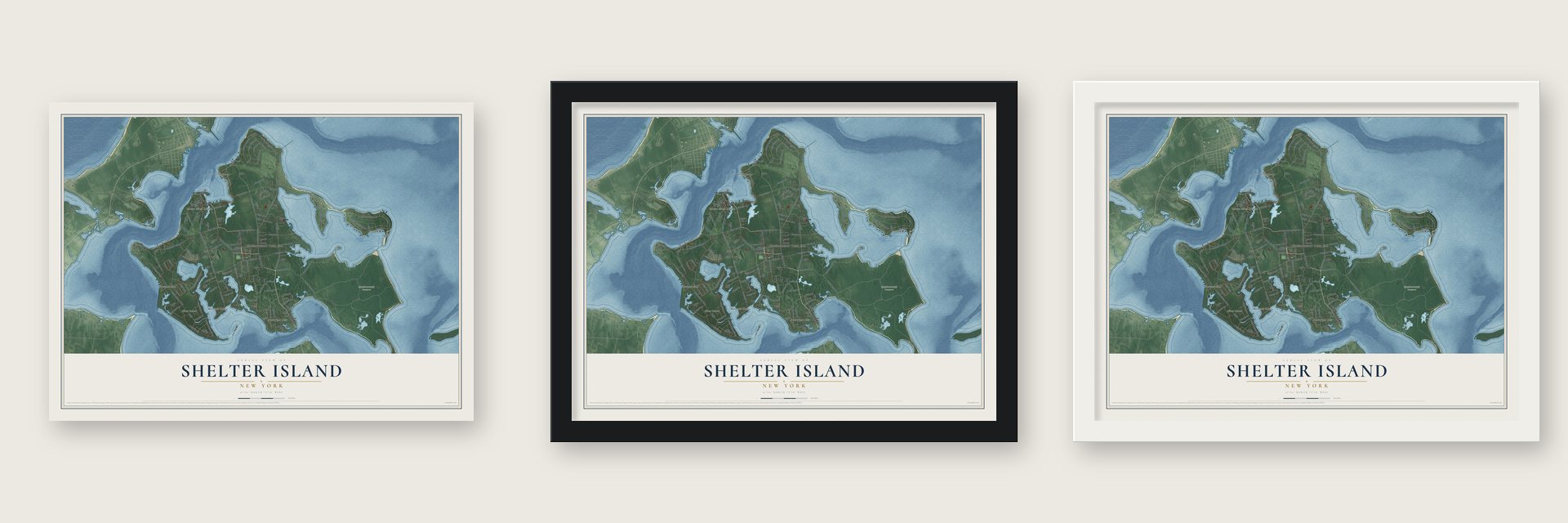 Shelter Island, New York map unframed, in a black wood frame and in a white wood frame
