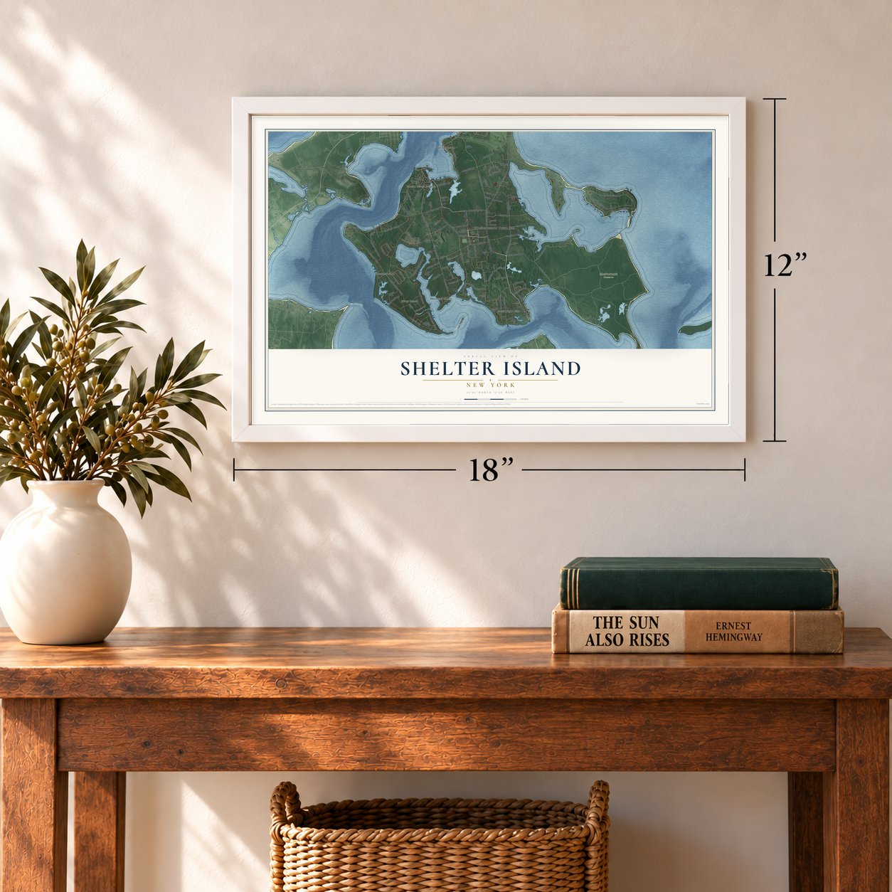 Shelter Island, New York map, 12 x 18 inch print in a white frame in an entryway