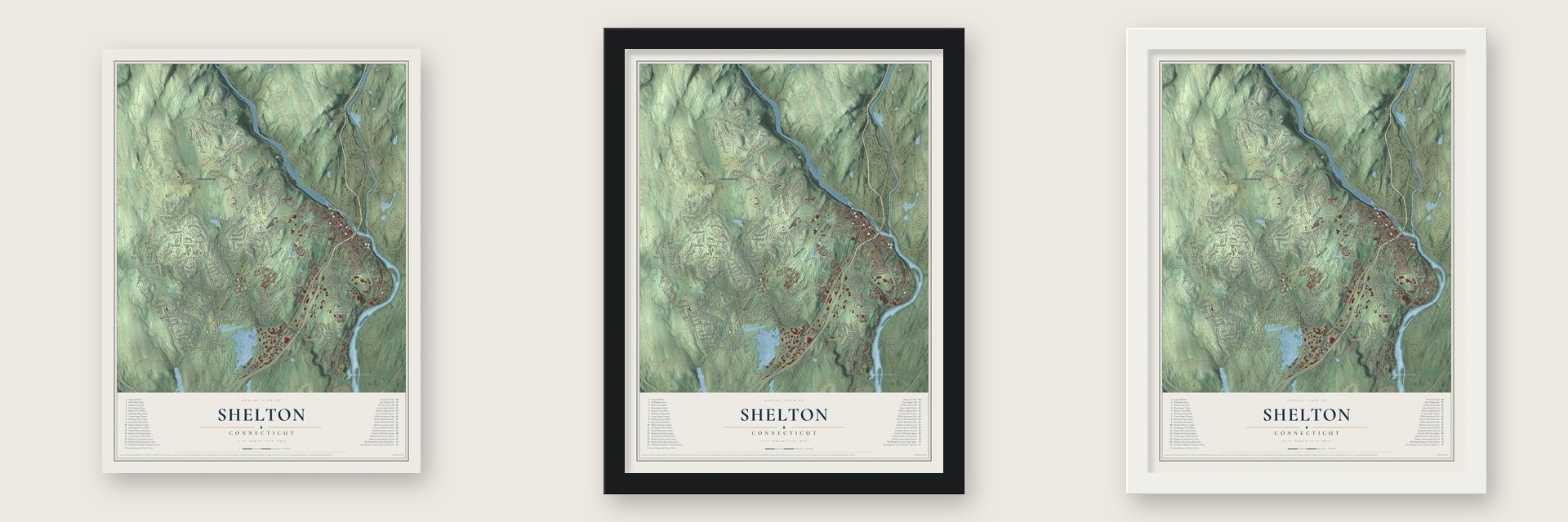 Shelton, Connecticut map unframed, in a black wood frame and in a white wood frame