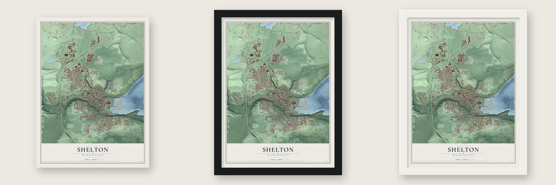 Shelton, Washington map unframed, in a black wood frame and in a white wood frame