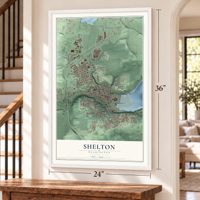 Shelton, Washington map, 24 x 36 inch print in a white frame by a staircase