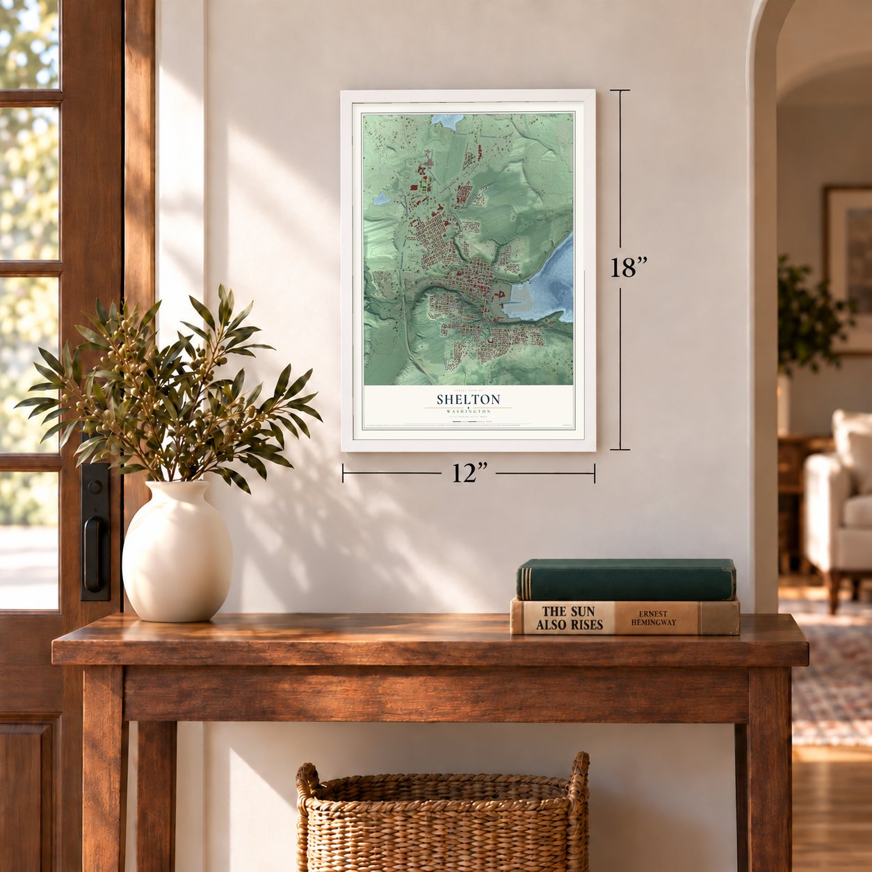 Shelton, Washington map, 12 x 18 inch print in a white frame in an entryway