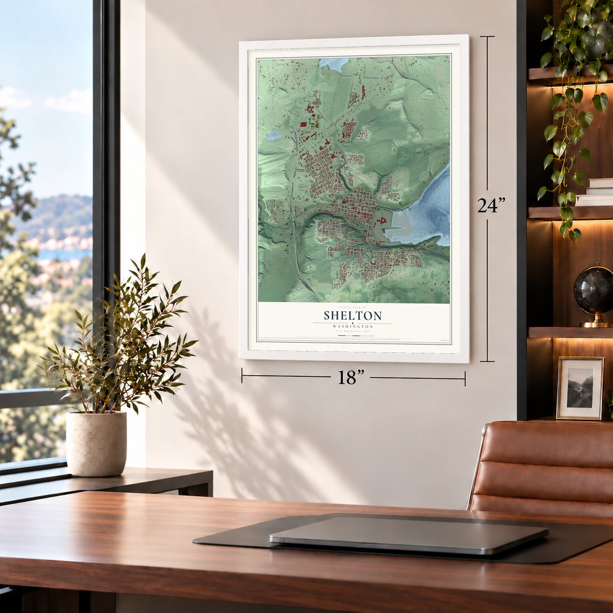 Shelton, Washington map, 18 x 24 inch print in a white frame in a home office