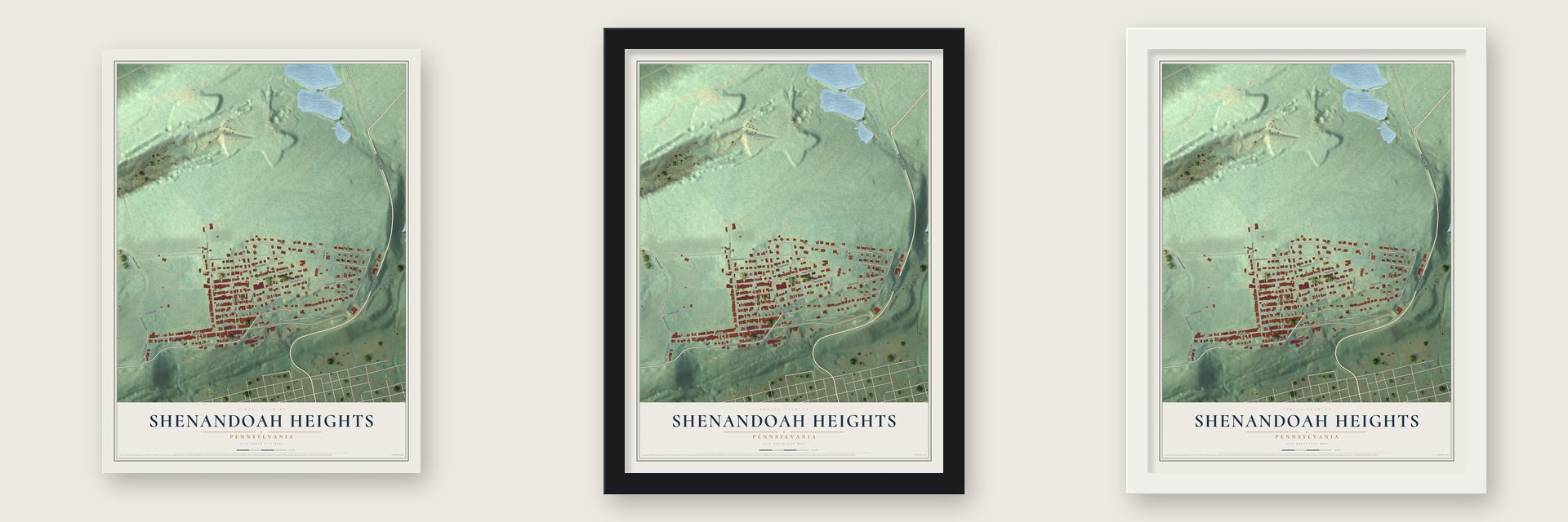 Shenandoah Heights, Pennsylvania map unframed, in a black wood frame and in a white wood frame