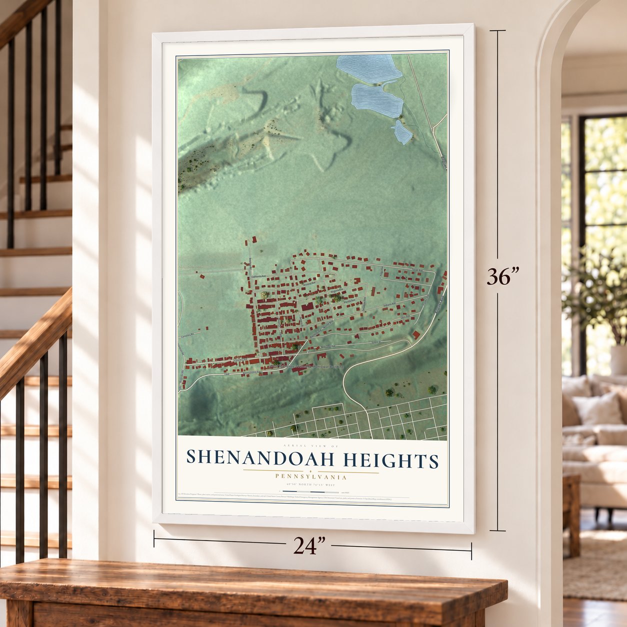 Shenandoah Heights, Pennsylvania map, 24 x 36 inch print in a white frame by a staircase