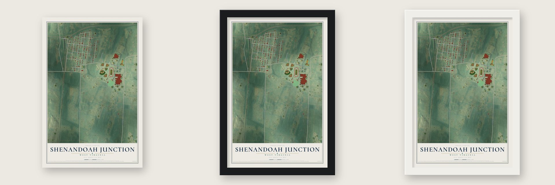 Shenandoah Junction, West Virginia map unframed, in a black wood frame and in a white wood frame