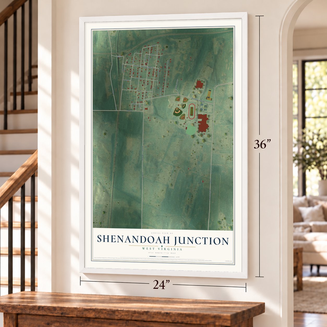 Shenandoah Junction, West Virginia map, 24 x 36 inch print in a white frame by a staircase