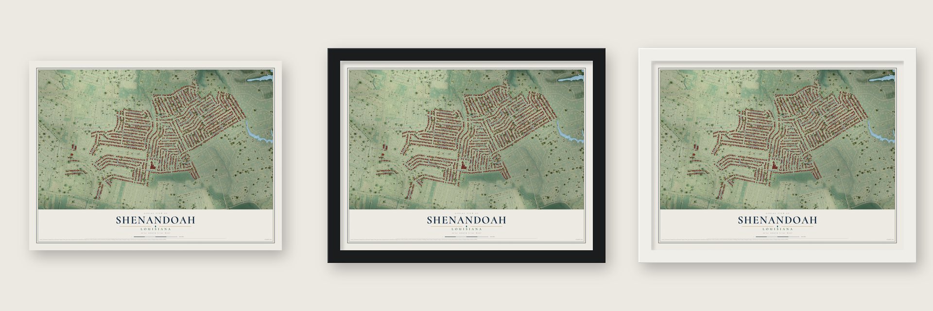 Shenandoah, Louisiana map unframed, in a black wood frame and in a white wood frame